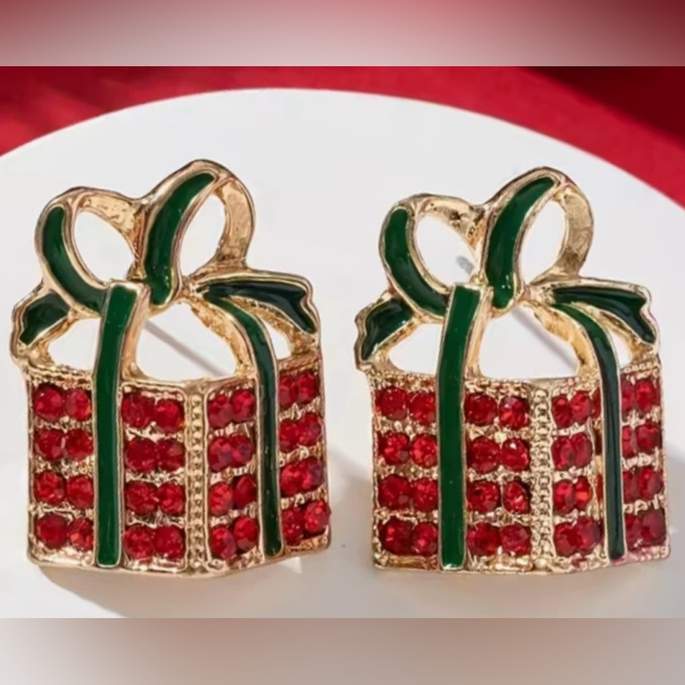 Elegant Gold and Red Gift Box Earrings